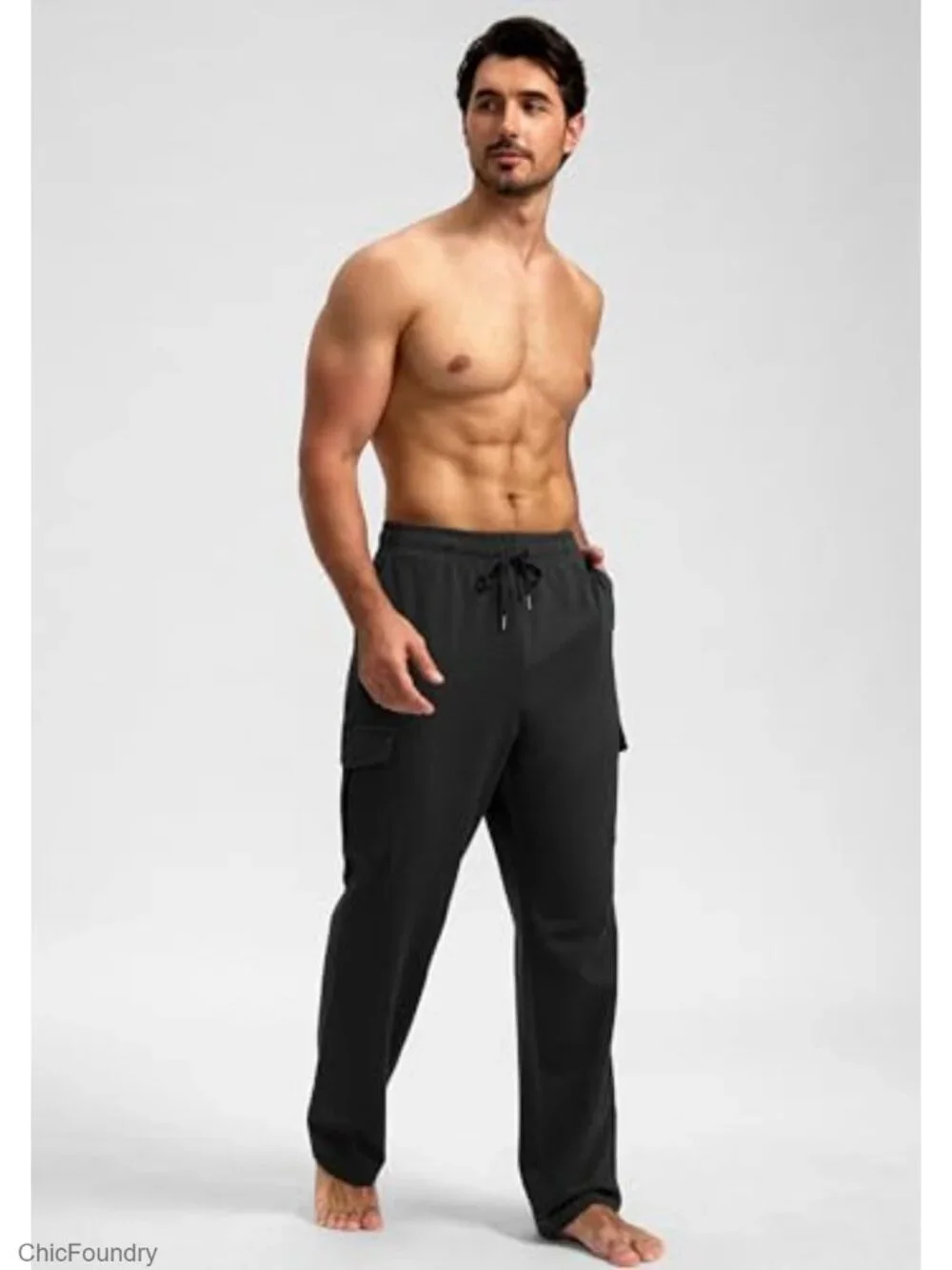 Cotton Blend Sweatpants with Cargo Pockets 4-Way Stretch Open Bottom